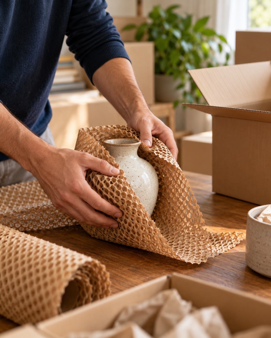 Manos envolviendo una pieza de cerámica en papel protector junto a una caja de mudanza
