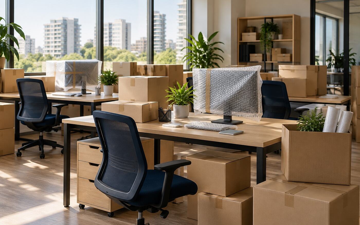 Oficina luminosa con escritorios y cajas listas para un traslado