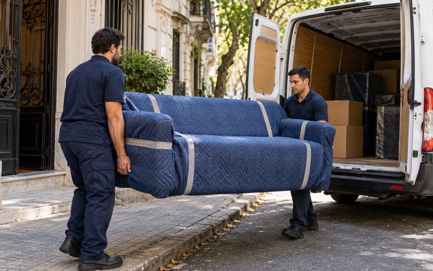 Dos personas trasladando un sillón protegido hacia un vehículo de mudanza